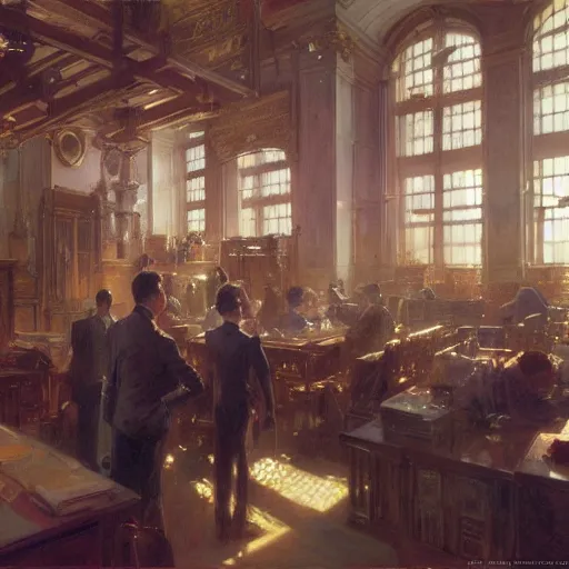 Prompt: detailed cinematic wide shot of sucession interior design corporate office spring light, painting by gaston bussiere, craig mullins, j. c. leyendecker