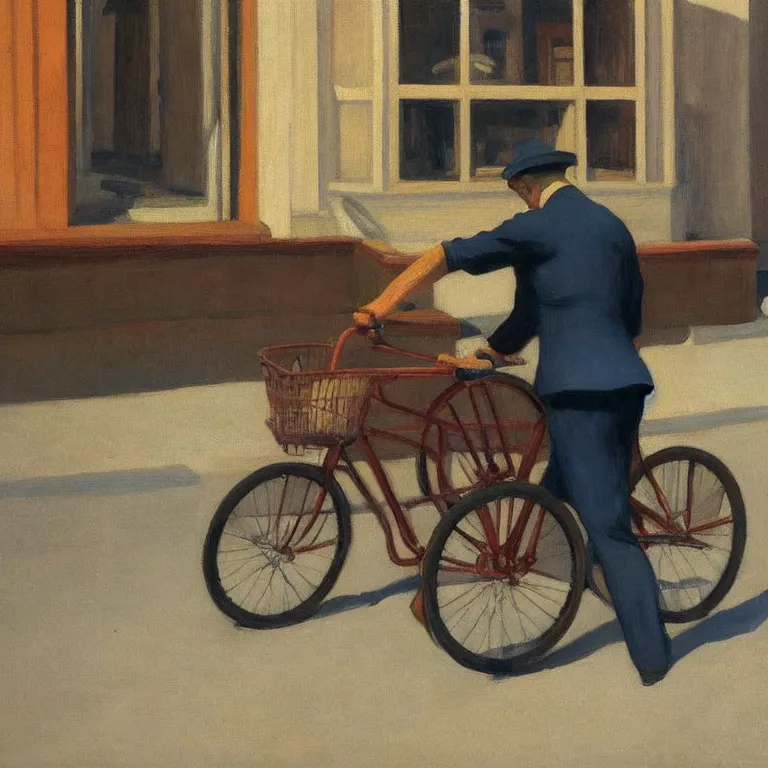 Image similar to a man with a bike resting in quiet town, painted by Edward Hopper, oil painting