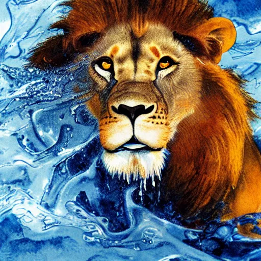 Image similar to a male lion's face breaching through a wall of water, water sprites, splashing, deep blue water color, highly detailed