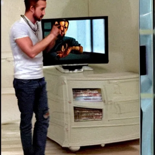 Image similar to Photo of Ryan Gosling feeding an image of Ryan Gosling on a TV some cereal! Its the Ryan Gosling meme haha!