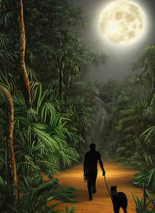 Image similar to a beautiful matte painting of a black jaguar walking in the jungle at night, front face, with full moon in the sky, ayahuasca