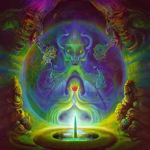 Prompt: sacred Ayahuasca, hermetic, occult, surreal, hidden knowledge by Paul Lehr, Karl Kopinski and Mandy Jurgens'