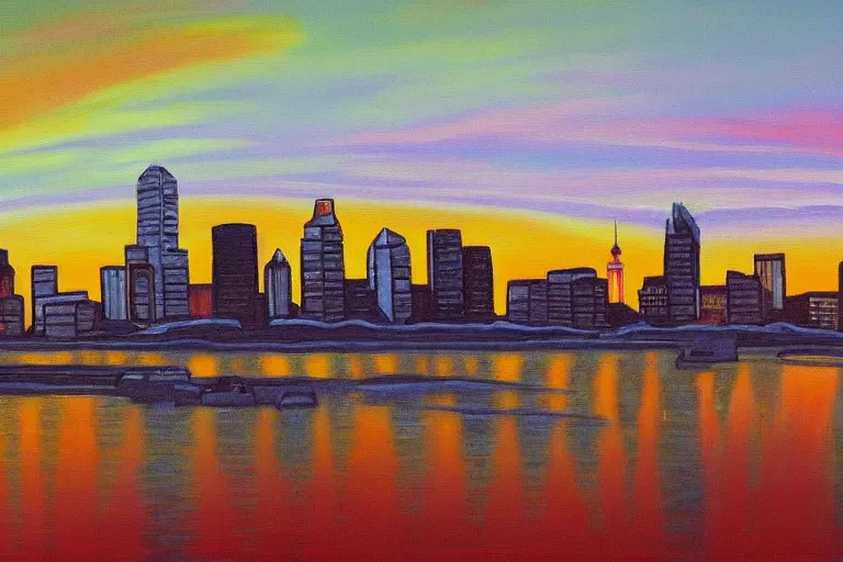 Image similar to winnipeg skyline, sunset, painting by ay jackson, group of seven, 4 k