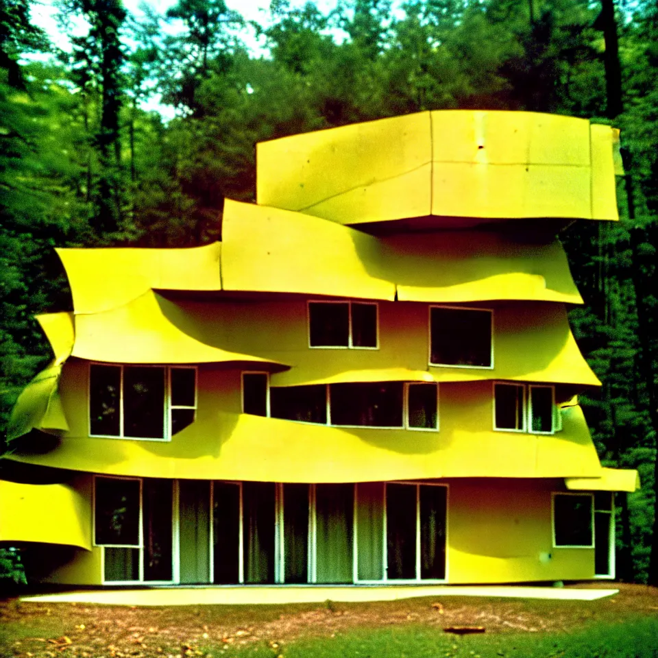 Image similar to a flat leveled mid-century modern house with big tiles in a forest, designed by Frank Gehry. Film grain, cinematic, yellow hue