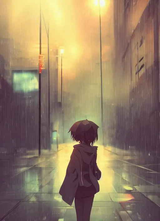 Prompt: listening to music at 2 am, pretty face, pretty body, pose, rain, lofi, lofi, peaceful, street light, anime key visual, poster, anime, by wlop, high quality, 4 k, trending, trending on artstation