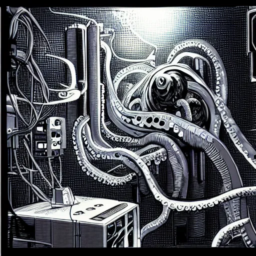 Image similar to Octopus fixing a computer, Industrial Scifi, detailed illustration, Chiaroscuro, character portrait, by Martin Grip and Moebius