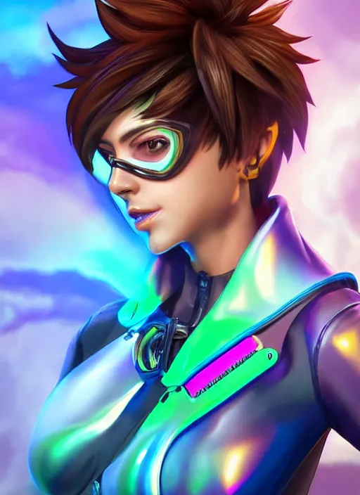 Image similar to portrait bust digital artwork of tracer overwatch, wearing iridescent rainbow latex and leather straps catsuit outfit, expressive face, makeup, in style of mark arian, angel wings, wearing detailed leather collar, chains, black leather harness, detailed face and eyes,