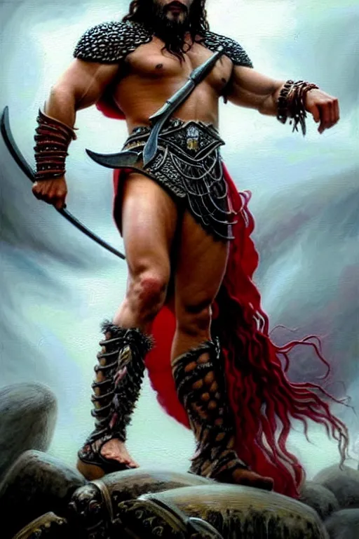 Image similar to beautiful portrait oil painting, jason momoa conan the barbarian thor standing on a hill made of skulls, wearing a warrior king crown and royal crimson fantasy ornate spartan dragon scale armor, wet skin and hair, muscular!!!, battle action pose, frank frazetta, boris vallejo, greg rutkowski, beautiful cinematic light, low angle, greg rutkowski, high contrast