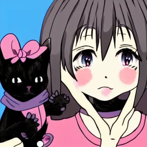 Image similar to cute girl eating a cat in anime style