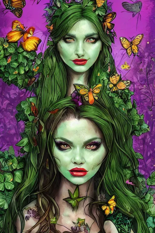 Prompt: Photorealistic frontal standing pose portrait of Emily Ratajowski as Poison Ivy, heavily tattooed with flowers and butterflies from face to neck to toe, surrounded by butterflies, push-up underwire, beautiful flowers on her hair. Intricate, concept art, magic lighting overlays, magical portal opened, D&D!, fantasy style, sharp focus!, ultra detailed, art by Artgerm and Peter Andrew Jones, WLUP, Magali Villeneuve