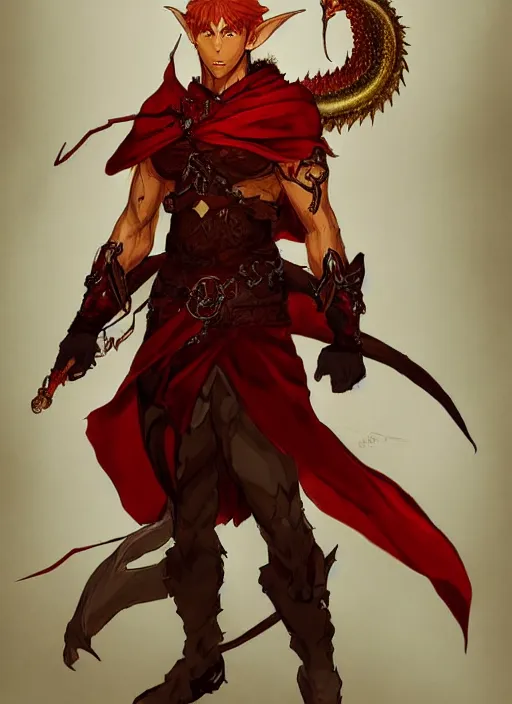 Prompt: Half body portrait of a handsome red haired elven monk prince with dragon eyes, staff and red and golden robe. In style of Yoji Shinkawa and Hyung-tae Kim, trending on ArtStation, dark fantasy, great composition, concept art, highly detailed.