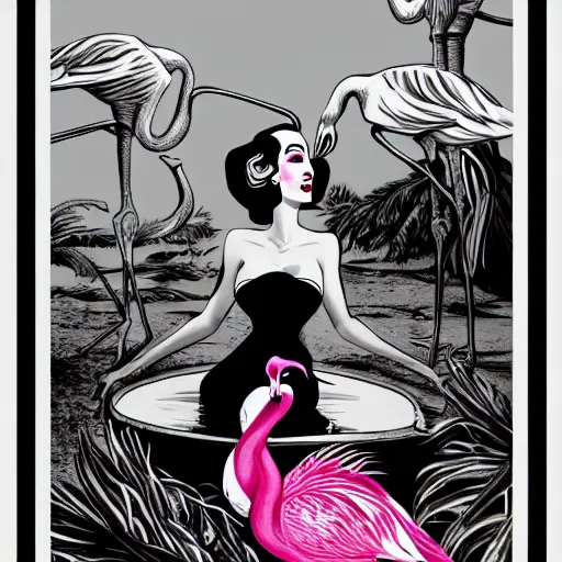 Image similar to A surreal comic noir illustration containing Dita Von Teese and Flamingos on a desert beach oasis by Salvador Dali, dark vibes, high contrast, pastel lighting, cinematic, depth of field, 8k