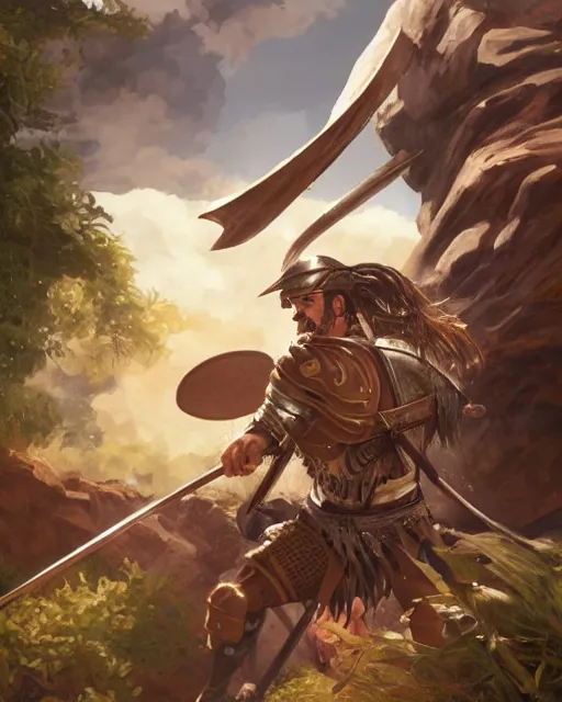 Image similar to ultrarealistic portrait of a spanish conquistador in battle, by daniel zrom and mingchen shen, studio ghibli color scheme, detailed, handsome, anatomy, sharp focus, photography, magic : the gathering, octane, cinematic lighting, facial features, jungle, clear face, golden ratio, tarot card