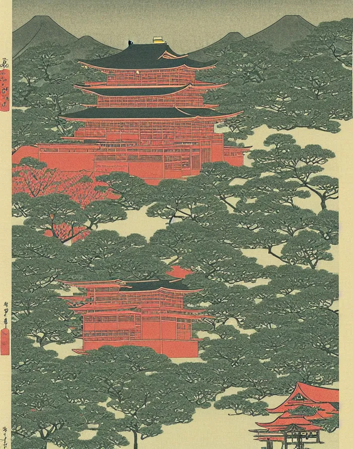 Prompt: a building in a stunning landscape japanese woodblock print by Hasui Kawase