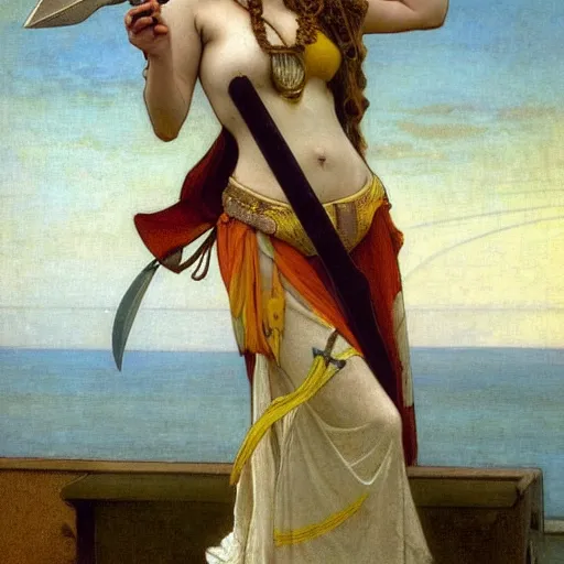 Image similar to A girl with jester clothes and a sword on the front of a Balustrade with a beach on the background, major arcana clothes, by paul delaroche, alphonse mucha and arnold böcklin arnold böcklin hyperrealistic 8k, very detailed