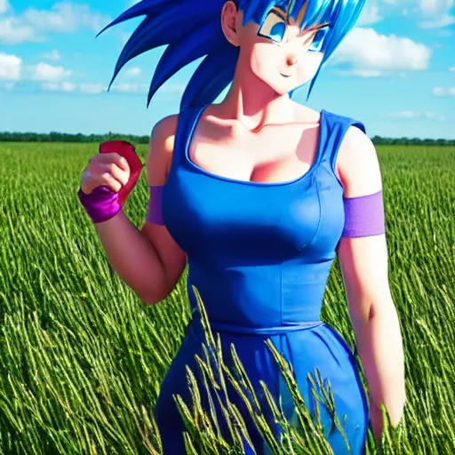 Prompt: bulma from dragon ball, bulma, bulma standing in a field,