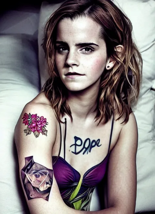 Image similar to emma watson, dope tattoo, hyperrealistic