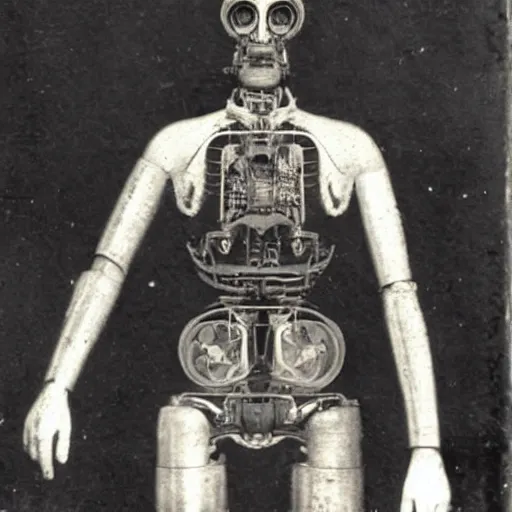 Image similar to early 1900s picture of a sad cyborg