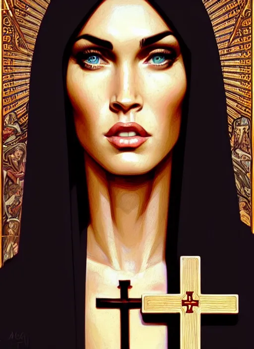 Prompt: portrait of megan fox as a nun with satanic cross, catholic, church, bible, christian, intricate, headshot, highly detailed, digital painting, artstation, concept art, sharp focus, cinematic lighting, illustration, art by artgerm and greg rutkowski, alphonse mucha, cgsociety