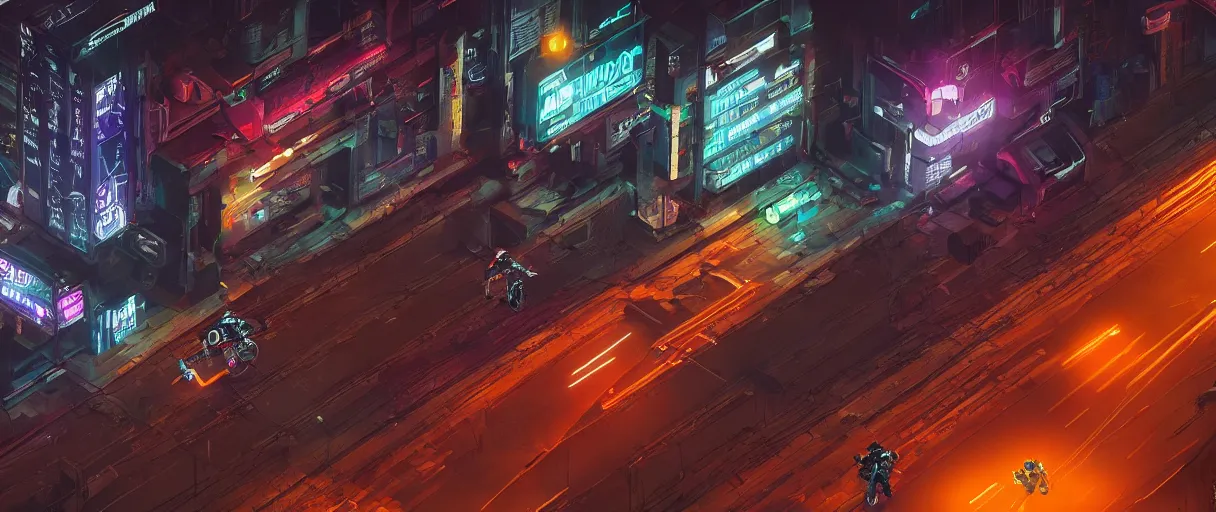 Prompt: an android hief on a motorcycle making a getaway from a helicopter in a glowing neon cyberpunk city at night by Karl Thiart, unreal engine, cinematic atmosphere, establishing shot, viewed from above