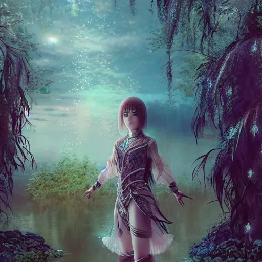 Image similar to nicolas cage as a beautiful young girl in intricate clothing by ross tran, walking in a castle, lake painted by sana takeda, rtx reflections, very high intricate details, painting, digital anime art, medium shot, mid - shot, composition by ilya kuvshinov, lighting by greg rutkowski