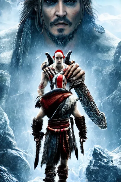 Image similar to Johnny Depp in God of War 4, sigma male, rule of thirds, movie poster with no text, award winning photo, unreal engine