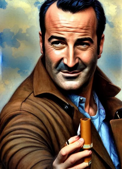 Prompt: photorealistic portrait of beautiful jean dujardin as the artist, charismatic smiling thief, with a light brown trench coat and holding a cigarette, in dresden files movie, hd, by artgerm and edgar maxence and greg rutkowski and rob rey