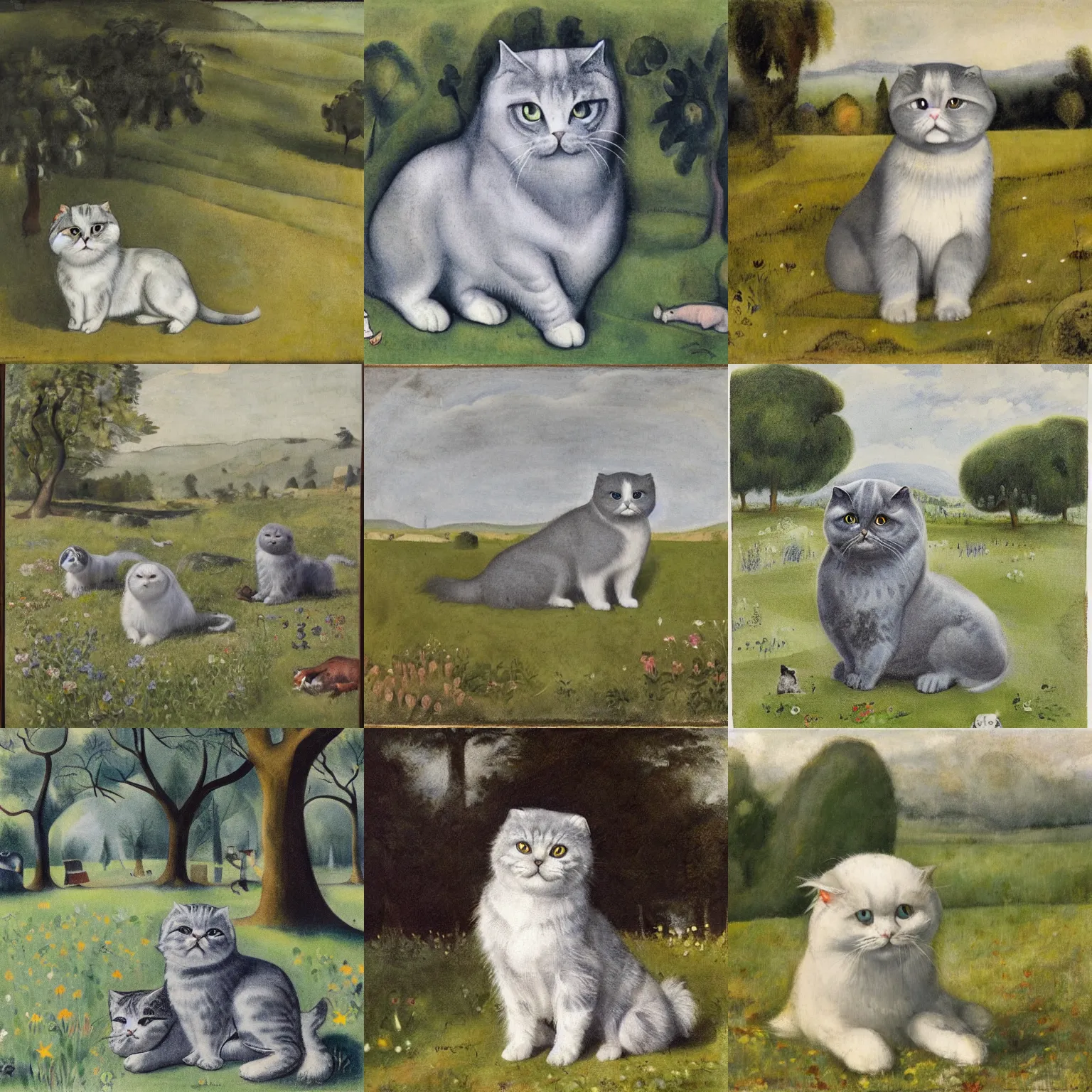 Prompt: a gray scottish fold sitting in the middle of sunny meadow, by heinrich campendonk