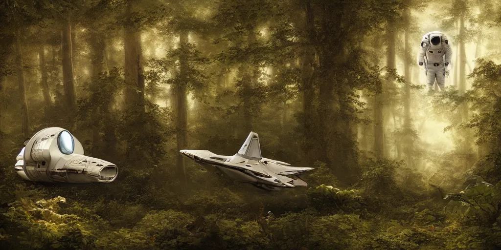 Image similar to an astronaut and a space ship in a forest, a detailed matte painting by frieke janssens, featured on cgsociety, space art, matte painting, matte drawing