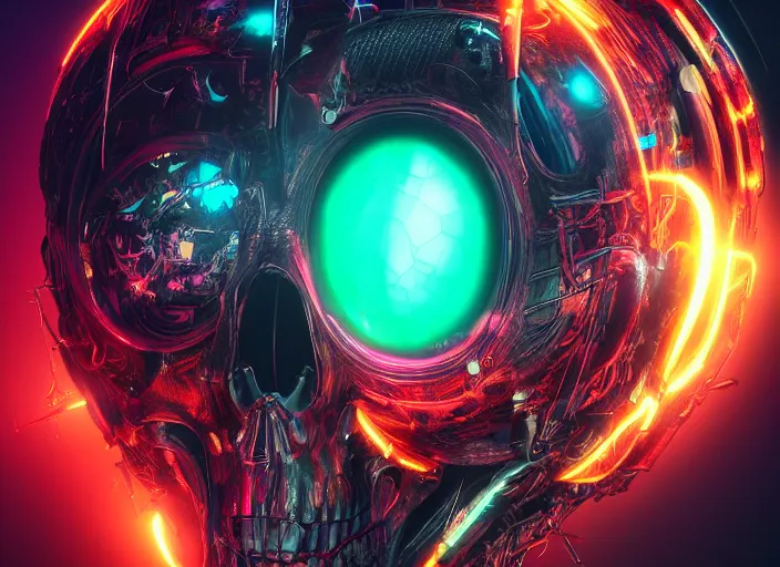 Image similar to a futuristic skull with glowing eyes and a wormhole tunnel, cyberpunk art by android jones, artstation hd, computer art, darksynth, synthwave glitchcore art, rendered in cinema 4 d