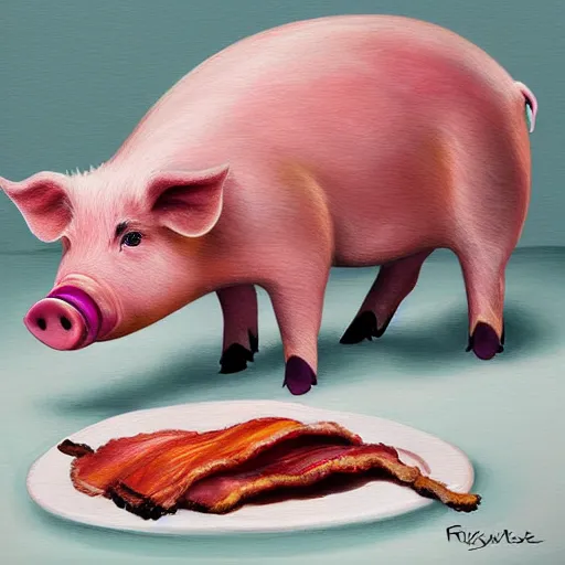 Image similar to a pig eating a rasher of bacon. detailed, realistic, digital painting,