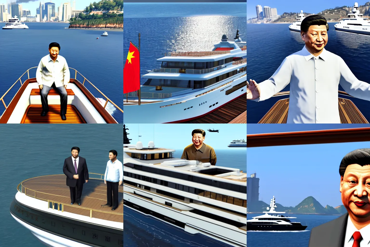 Prompt: xi jinping on a yacht deck, gta v gameplay screenshot, sharp, unreal engine 5, very detailed shading