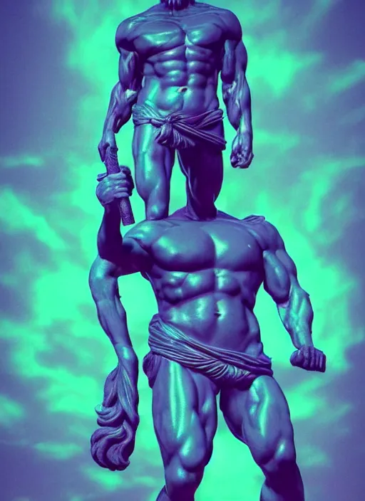 Image similar to statue of hercules looking angry, beeple, vaporwave, retrowave, black background, neon, black, glitch, strong contrast, neon wiring, cuts, pinterest, trending on artstation