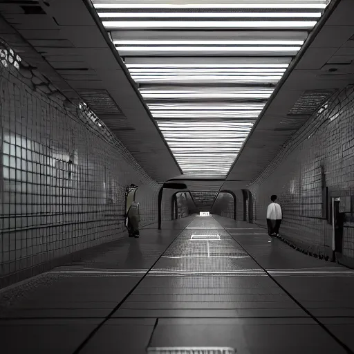 Image similar to Black military quadcopters swarm the wide hallways in a futuristic prison underground, brutalist liminal architecture, sigma 85mm f/1.4, 4k, depth of field, high resolution, 4k, 8k, hd, full color, unreal engine, concept art, trending on artstation