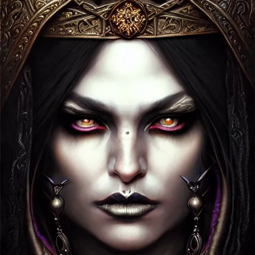 Prompt: portrait of a gypsy queen grim dark, dark, piercing eyes, exotic expression, esoteric clothing, photorealistic, highly detailed, mysterious lighting, artstation, smooth, sharp focus, art by michael whelan, artgerm, greg rutkowski and luis royo