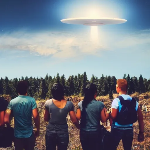 Prompt: a group of people looking at a ufo in the sky, shot on an iphone 1 3