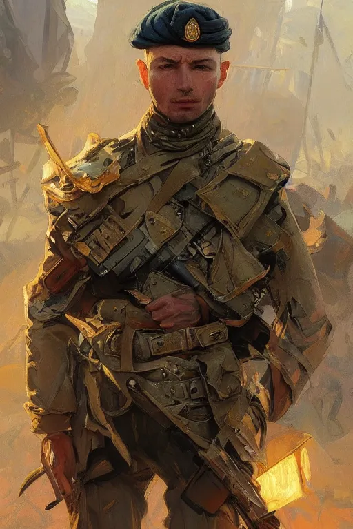 Image similar to shot of a Ukrainian soldier with Ukrainian flag, handsome, fantasy, intricate, pile of skulls under his feet, elegant, highly detailed, digital painting, artstation, concept art, smooth, sharp focus, illustration, art by artgerm and greg rutkowski and alphonse mucha