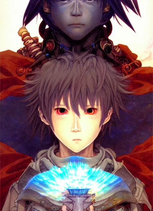 Image similar to prompt : ragnarok online portrait soft light painted by james jean and katsuhiro otomo and erik jones, inspired by akira anime, epic fantasy, a young long haired peasant boy with dark skin in plain fantast clothing with intelligent eyes, intricate oil painting, high detail illustration, sharp high detail, manga and anime 1 9 9 9