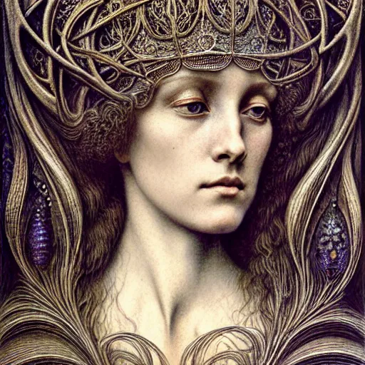 Image similar to detailed realistic beautiful young medieval queen face portrait by jean delville, gustave dore, iris van herpen and marco mazzoni, art forms of nature by ernst haeckel, art nouveau, symbolist, visionary, gothic, pre - raphaelite, horizontal symmetry, fractal lace, memento mori