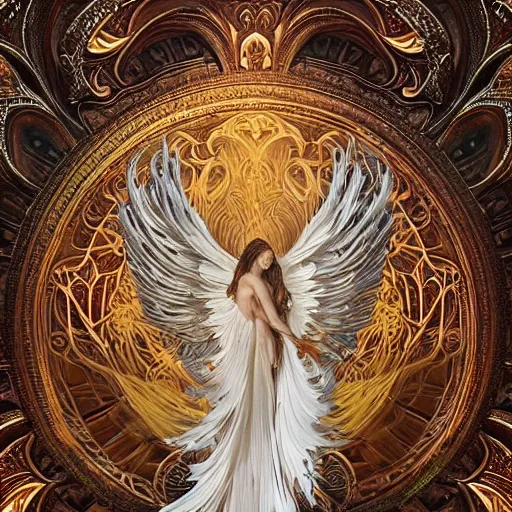 Prompt: ivory figure sculpture depicting the fall of an angel, exuberant organic elegant forms, by Karol Bak and Filip Hodas:: colorful intricate mandala explosions:: Intuit art:: damask wallpaper:: symmetrical