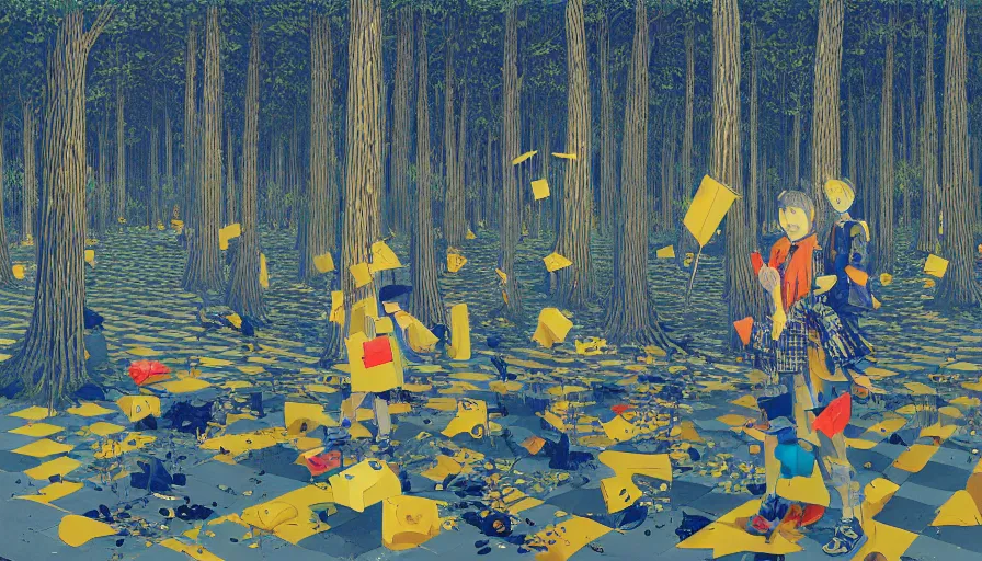 Image similar to safety cones scattered around an oak tree forest, checkered floor, by james jean by ilya kuvshinov kintsugi, hyper detailed surrealist painting