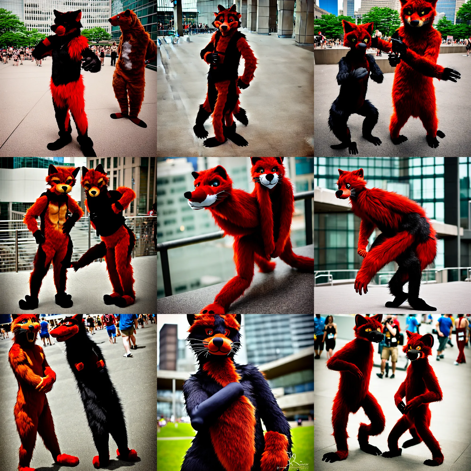 Image similar to fullbody photoshoot photo portrait of a roguish male red - black furred bipedal weasel furry fursona / fursuiter, photorealistic, taken at anthrocon ( furry convention )