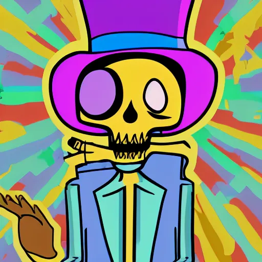 Prompt: cartoon skeleton in a tophat, colorful, pastel, sticker, cartoon, digital art, clean lines,