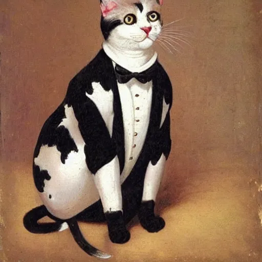 Image similar to A Baroque painting of a stylish tuxedo cat