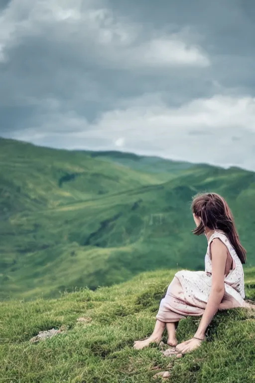 Image similar to a girl enjoying the wind in the edge of a hill, beautiful landscape, aesthetic