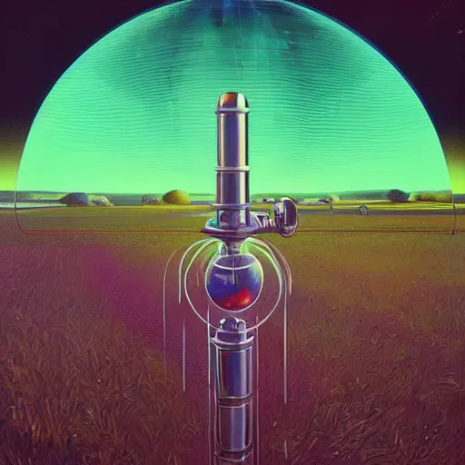 Image similar to a beautiful painting by thomas brom trending on artstation A farm of disco balls, by beeple and james gurney trending onartstation A supersonic irrigation device invented in the woodmarked plain