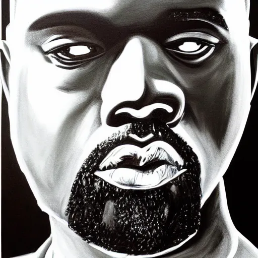 Image similar to oil painting portrait of Kanye West, black and white, dramatic