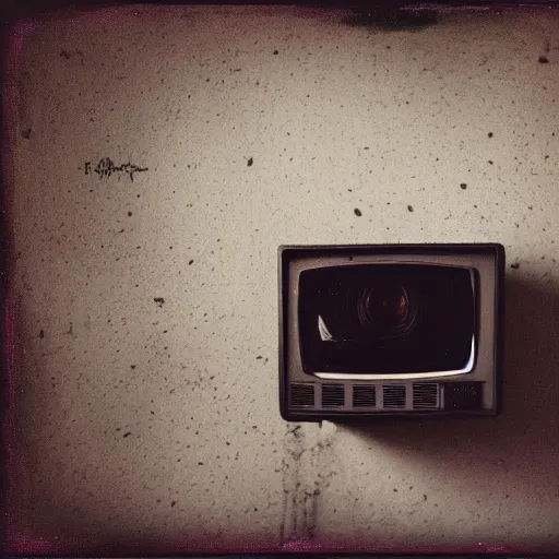 Image similar to small dark concrete room with a tv on the ground, the tv has a pair of eyes on a dark background, creepy, eerie, old polaroid, expired film,