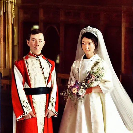 Prompt: A wide full shot, colored Russian and Japanese mix historical fantasy a photograph portrait taken at the royal wedding two choirs, an orchestra and chapel organ, photographic portrait, warm lighting, 1907 photo from the official wedding photographer for the royal wedding.