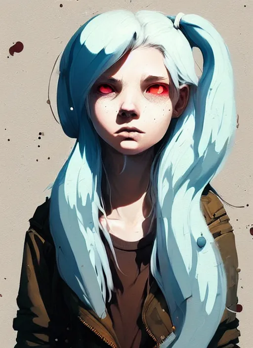 Image similar to highly detailed portrait of a sewer punk swedish young lady, hoodie, white hair by atey ghailan, by greg rutkowski, by greg tocchini, by james gilleard, by joe fenton, by kaethe butcher, gradient light blue, blonde, brown, cream and white color scheme, grunge aesthetic!!! ( ( graffiti tag wall background ) )